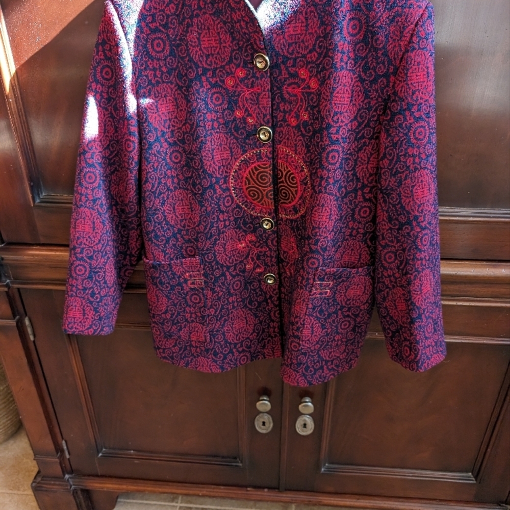Roonfeng Chinese Red and Blue Patterned Blazer
